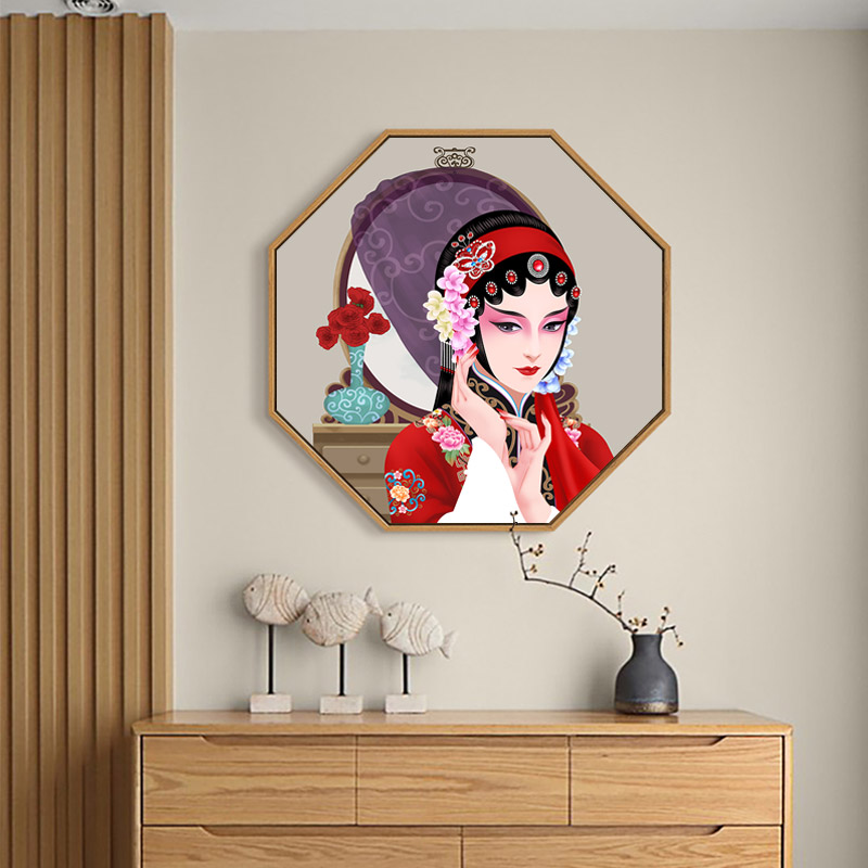 中国风美女挂画国潮京剧花旦装饰画八边形脸谱古风新中式玄关壁画
