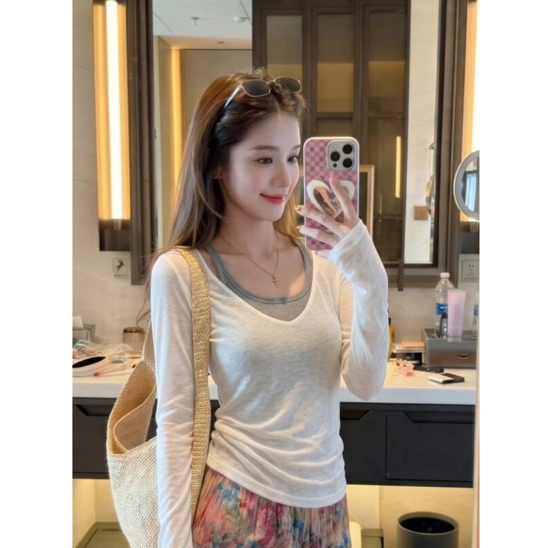 温柔氛围感chic叠穿吊带外搭罩衫夏薄款天丝V领防晒长袖上衣T恤女