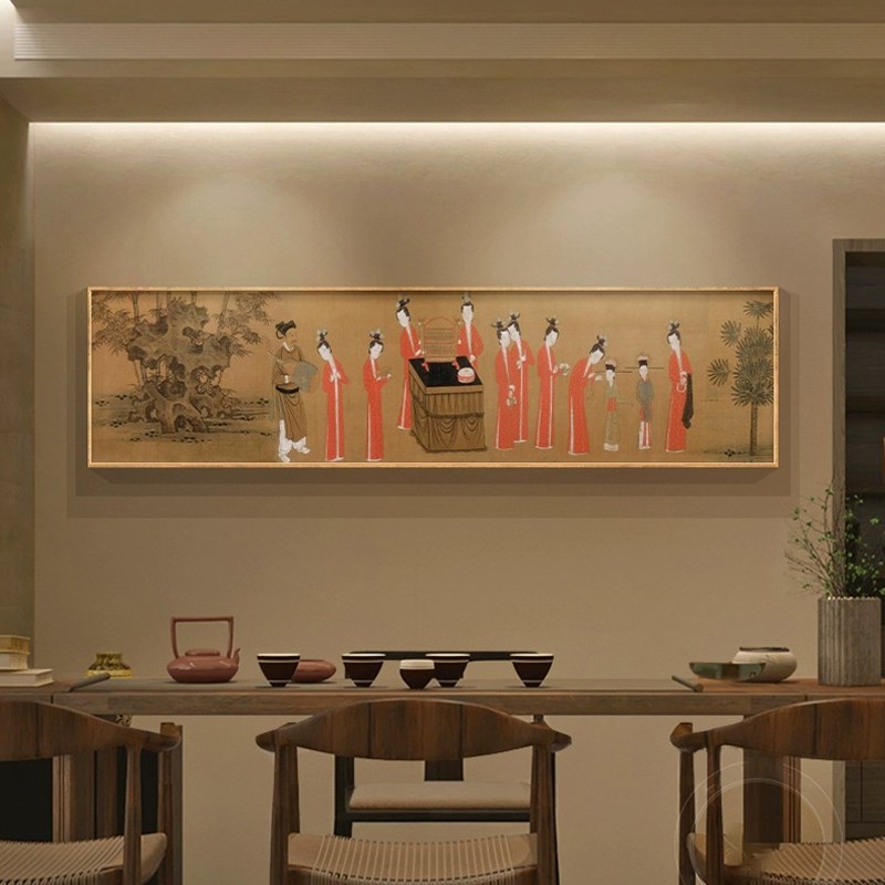 簪花仕女图唐代横幅仿古国画新中式茶室挂画客厅卧室背景墙装饰画