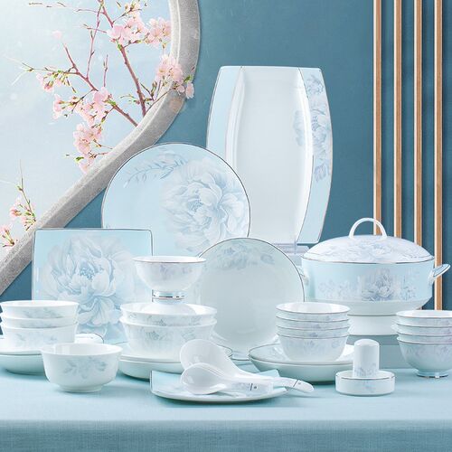 景德镇骨瓷乔迁餐具套装釉上彩新中式风陶瓷碗盘碗筷碗碟套装家用