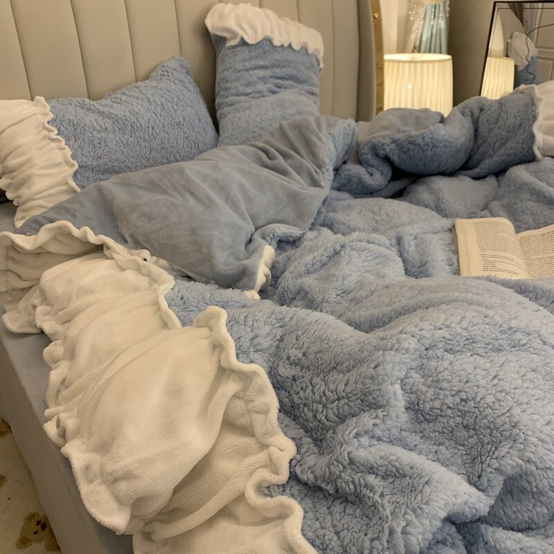 冬季韩式公主风牛奶羊羔绒床上四件套网红款被套女珊瑚法兰绒床单