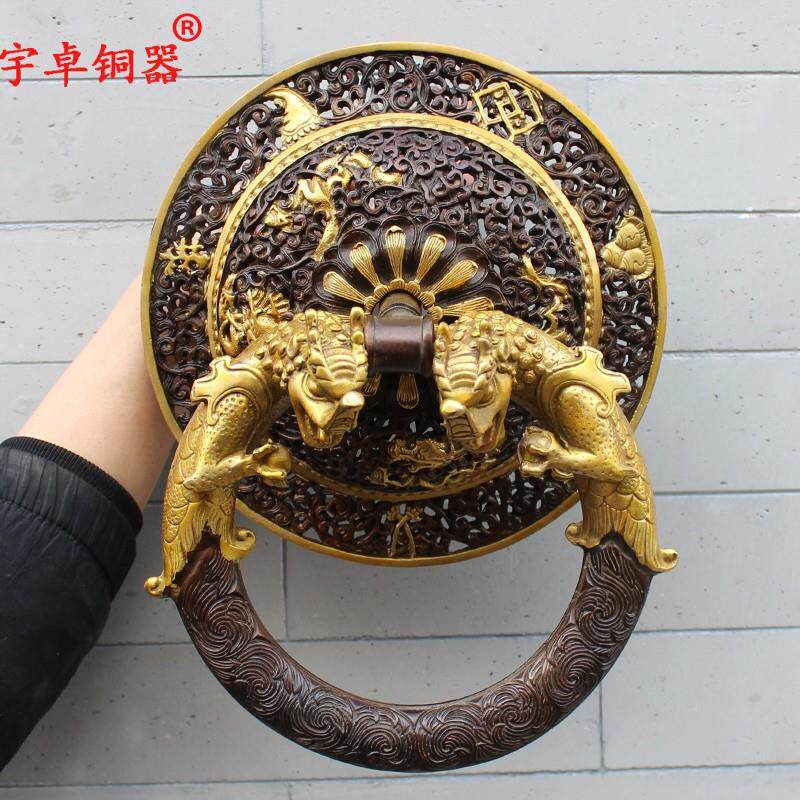 纯铜门环黄铜铺首大门拉手格桑花镂空双龙门环装饰工艺品挂件