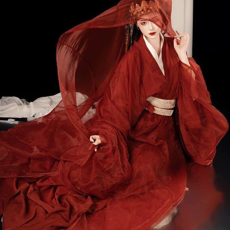 红色汉服复原战国袍秋冬飘逸长款古装中国风直裾侠女拍照仙气套装