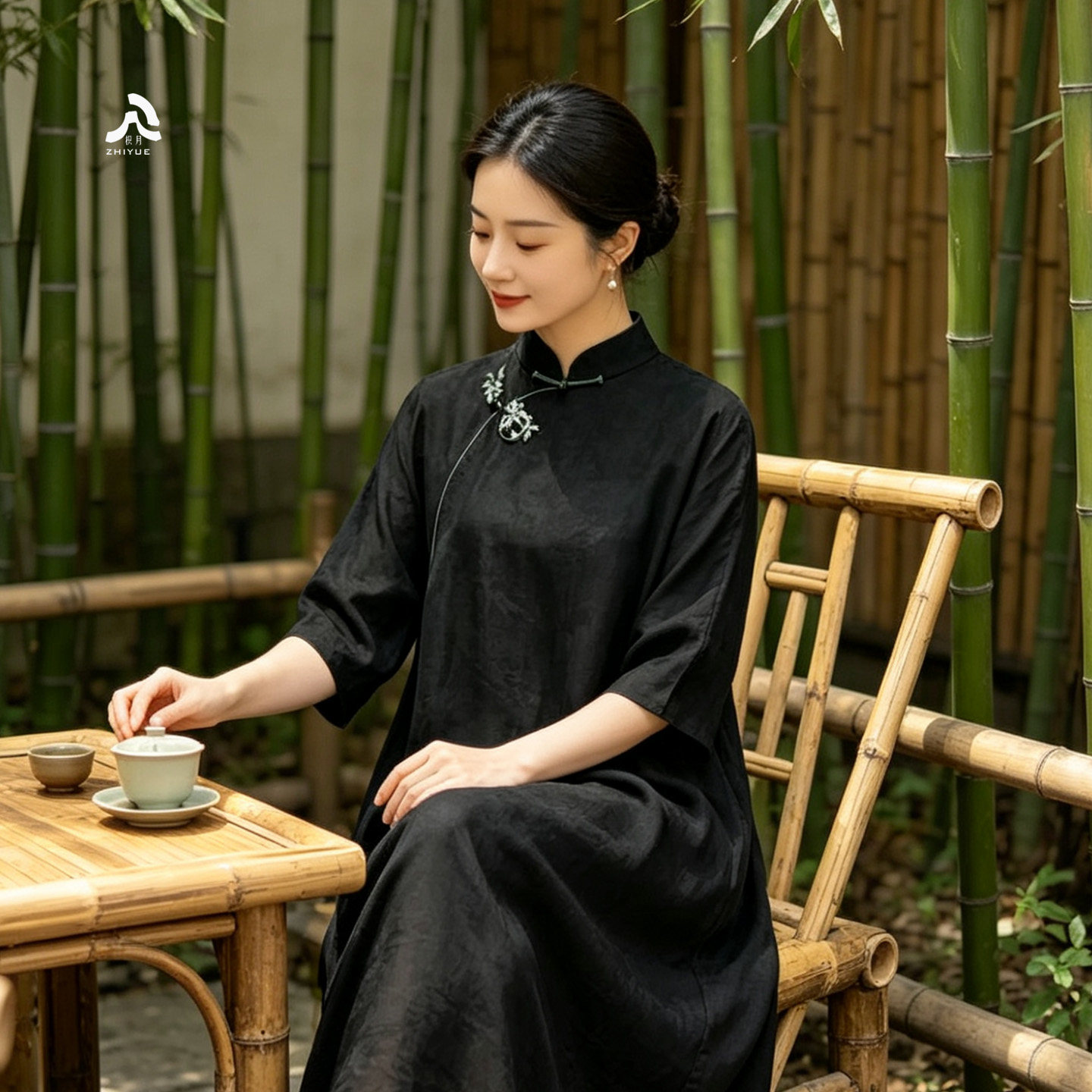 新中式竹子花罗香云纱新款连衣裙