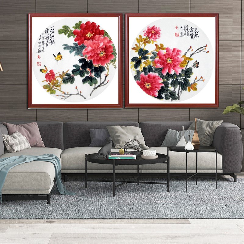 名家手绘国画花鸟画圆形斗方写意水墨画牡丹花开富贵卧室装饰挂画