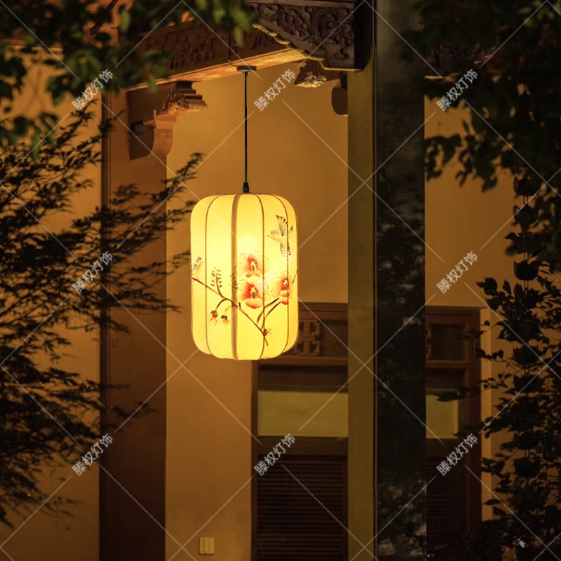 中式小吊灯单头阳台中国风茶室禅意灯火锅店走廊手绘布艺冬瓜灯笼