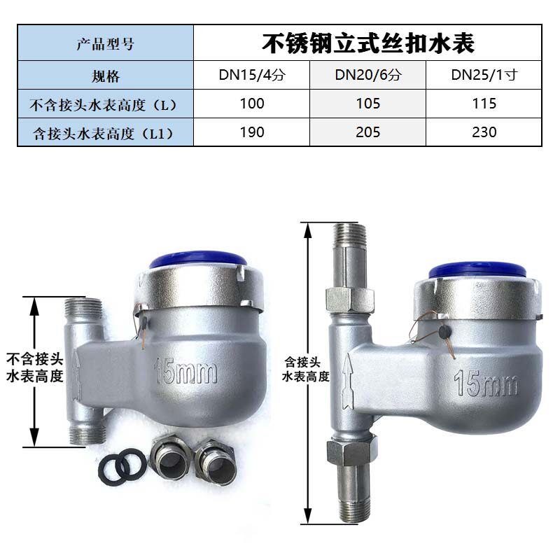 304不锈钢立式丝扣螺纹冷热水表4分DN15家用2寸DN50耐酸碱腐蚀6分