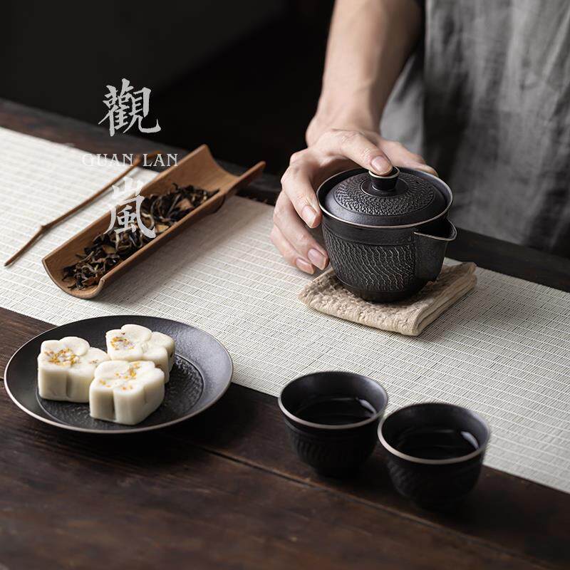 观岚旅行茶具套装陶瓷快客杯一壶两杯便携简约功夫茶具户外泡茶器