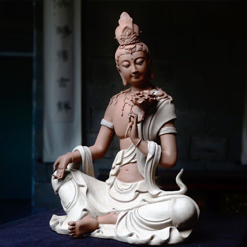 陶瓷持莲观音佛像摆件 新中式客厅玄关家居装饰