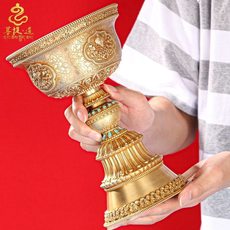 黄铜酥油灯灯座家用 慧宝灯盏八吉祥摆件长明液体蜡烛台居家供奉