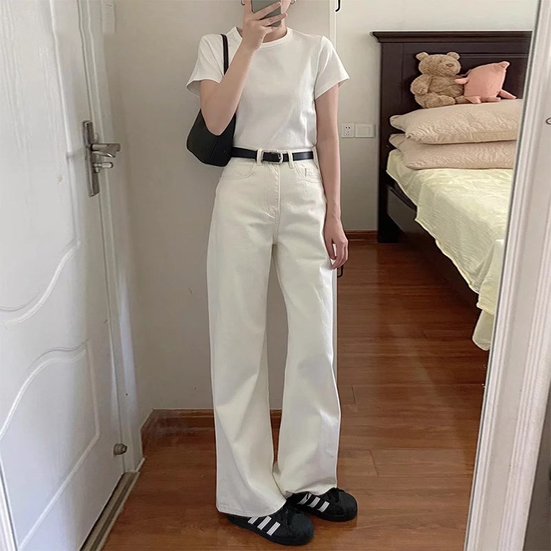白色窄版阔腿牛仔裤女2025年春秋新款高腰小个子宽松垂感直筒裤子