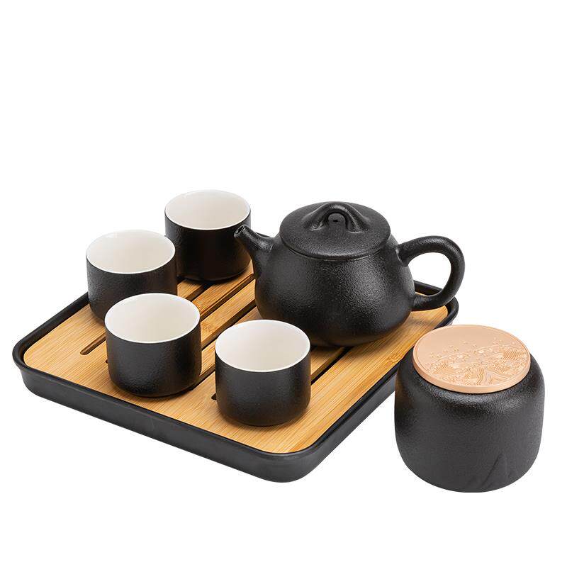 隐茶缘旅行茶具组 黑陶瓷功夫茶具一壶四杯组 简约中式家用竹制配