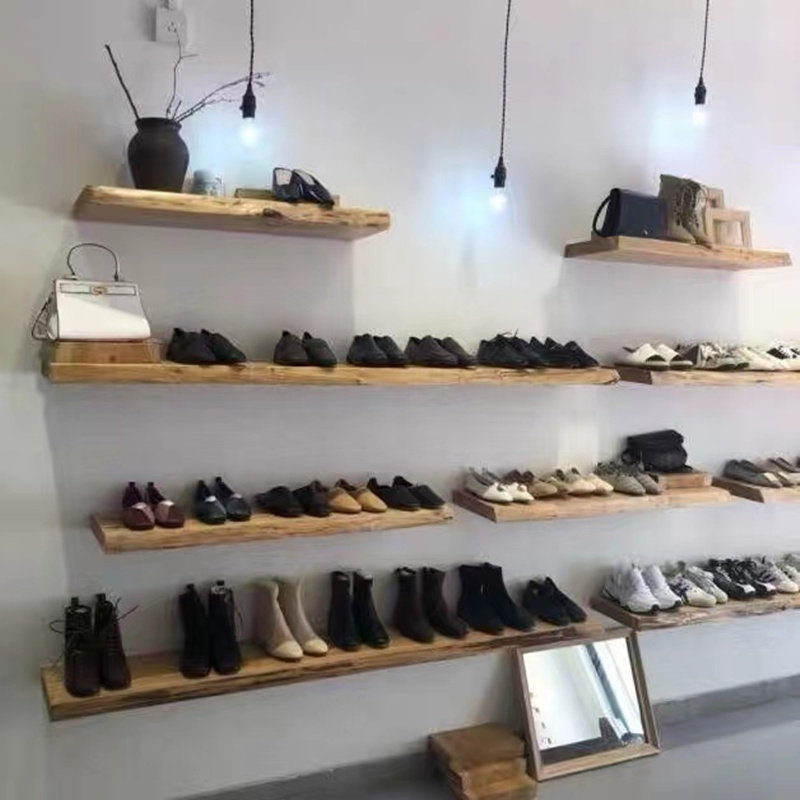 原木上墙鞋架展示架店铺隔板架创意实木墙上装饰架服装店包包展架