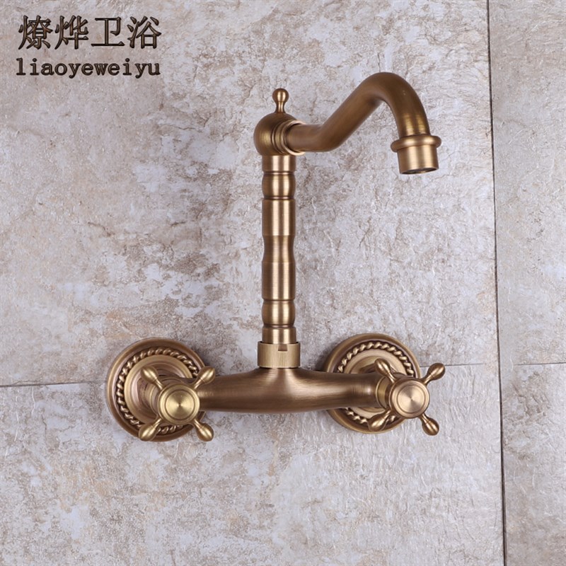 欧式全铜冷热水槽入墙式龙头 浴缸仿古冷热双把水龙头可旋转包邮