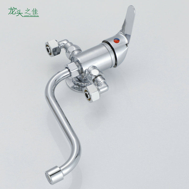 铜明装冷热水龙头挂墙壁式水槽小厨宝贴墙混水阀带下出水洗菜盆
