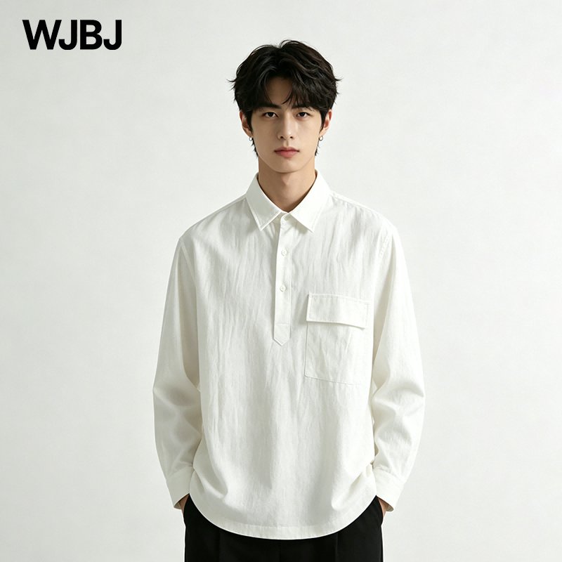 WJBJ学院风白色长袖衬衫男翻领口袋工装衬衣宽松简约WJBJE15071