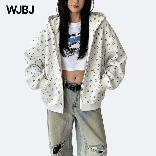 WJBJ白色连帽拉链开衫棒球夹克女长袖休闲情侣外套