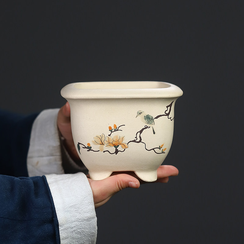 尚扣紫砂 匠人手工圆角四方盆 彩绘古典桌面微型花盆多肉绿植花器