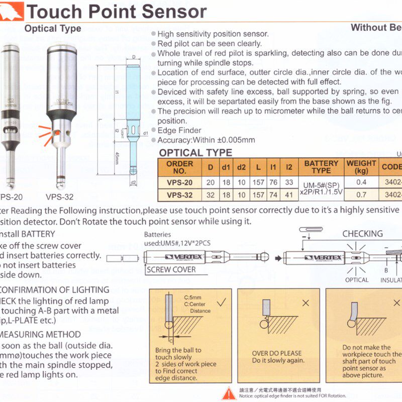 台湾鹰牌 光电式寻边器 电子寻边器 光电分中棒 有光无声 VPS-20