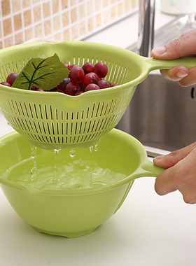 日本进口厨房洗菜篮塑料沥水篮洗菜盆淘米筛沙拉碗水果盘带手柄