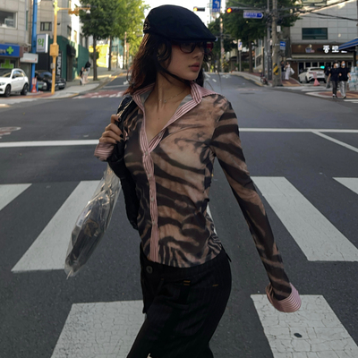 都市度假·斑马纹自带美黑滤镜 拼接粉色边收腰衬衫