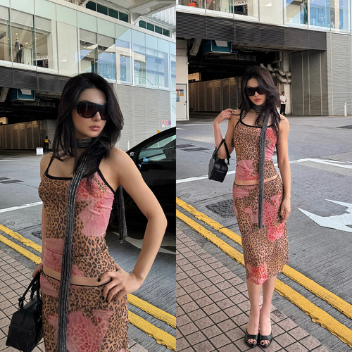 ICVIBE 很优雅Lady～豹纹花朵层次印花 双层网纱set