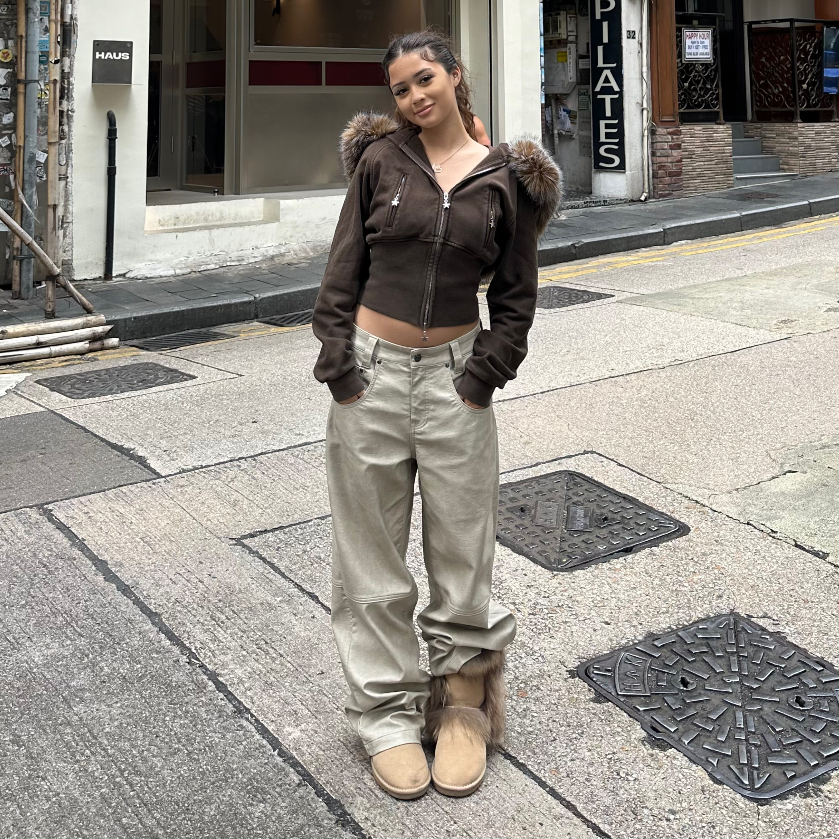 ICVIBE 缎感奶油·做旧奶白+斑驳擦色 超酷街头Baggy宽松滑板皮裤