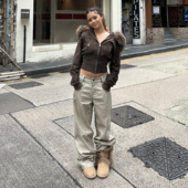 超酷街头Baggy宽松滑板皮裤 斑驳擦色 缎感奶油·做旧奶白 ICVIBE