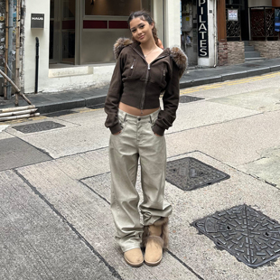 超酷街头Baggy宽松滑板皮裤 斑驳擦色 缎感奶油·做旧奶白 ICVIBE