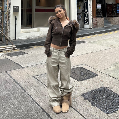 ICVIBE 缎感奶油·做旧奶白+斑驳擦色 超酷街头Baggy宽松滑板皮裤