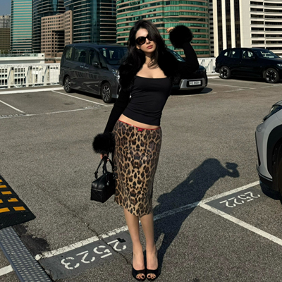 ICVIBE 波光小野猫·豹纹亮片+红色细腰边 低腰及膝铅笔裙