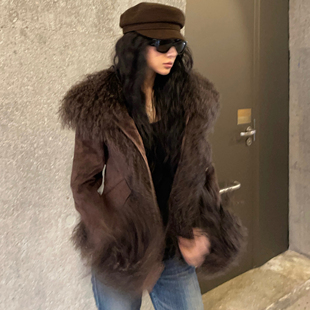 牛角扣收腰短大衣 麂皮毛 ICVIBE 贵气复古·定染棕色滩羊毛