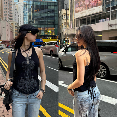 ICVIBE 鱼骨美背·复古吊灯印花+后侧绑带 黑色工字背心