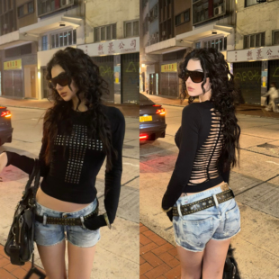 ICVIBE 危险鱼骨·铆钉十字架+后镂空 收腰修身黑色tee