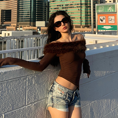 ICVIBE 华丽一下·定制狐系蓬松可拆毛领 露肩多穿法摩卡色上衣