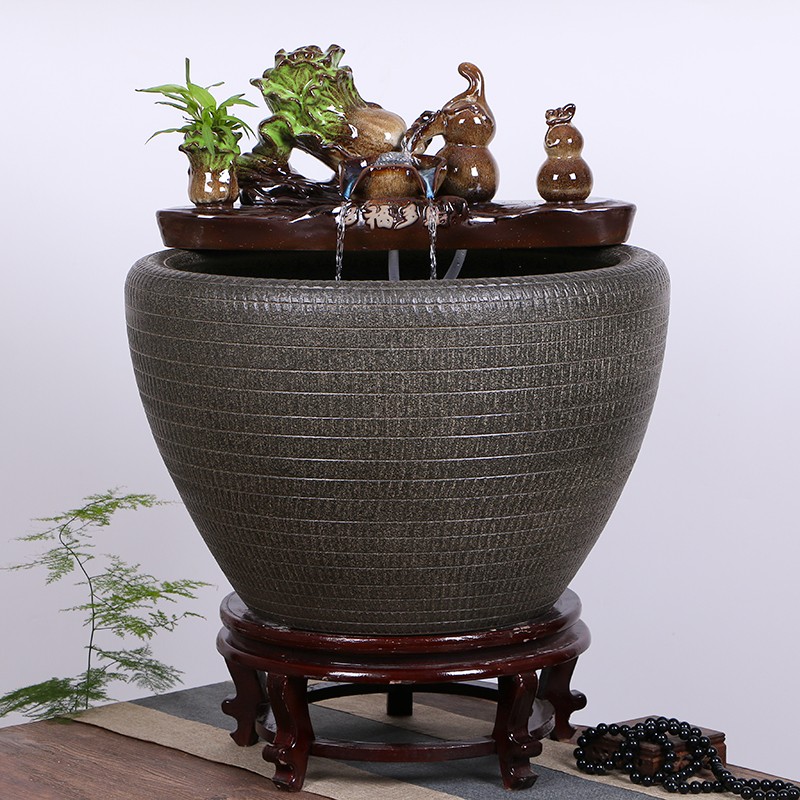 景德镇陶瓷鱼缸流水家用喷泉特大号荷花锦鲤缸客厅养鱼盆落地造景