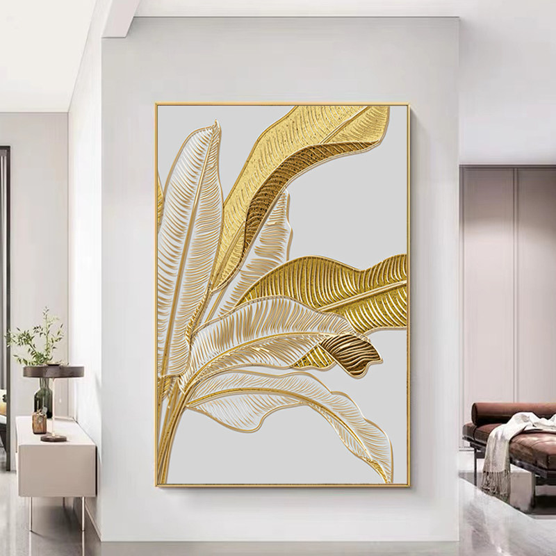 纯手绘入户玄关装饰画金色叶子油画客厅卧室挂画高级感壁画定制画