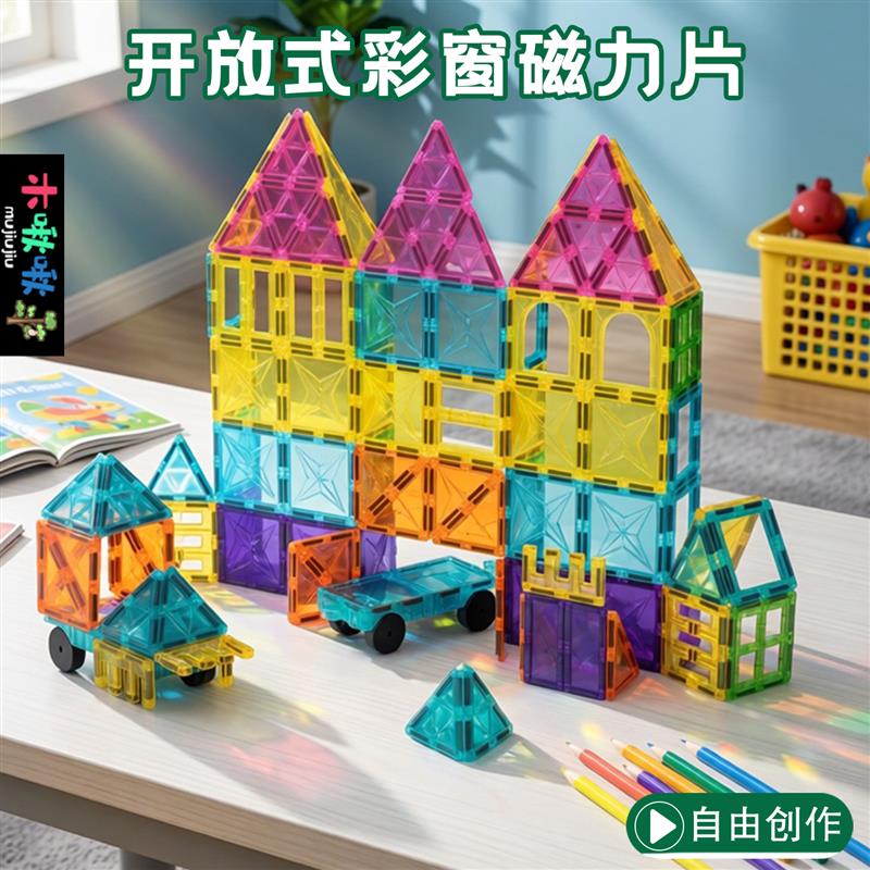 彩窗磁力片百变磁吸积木3到6岁B男女孩贴片大自然拼图礼物益智玩