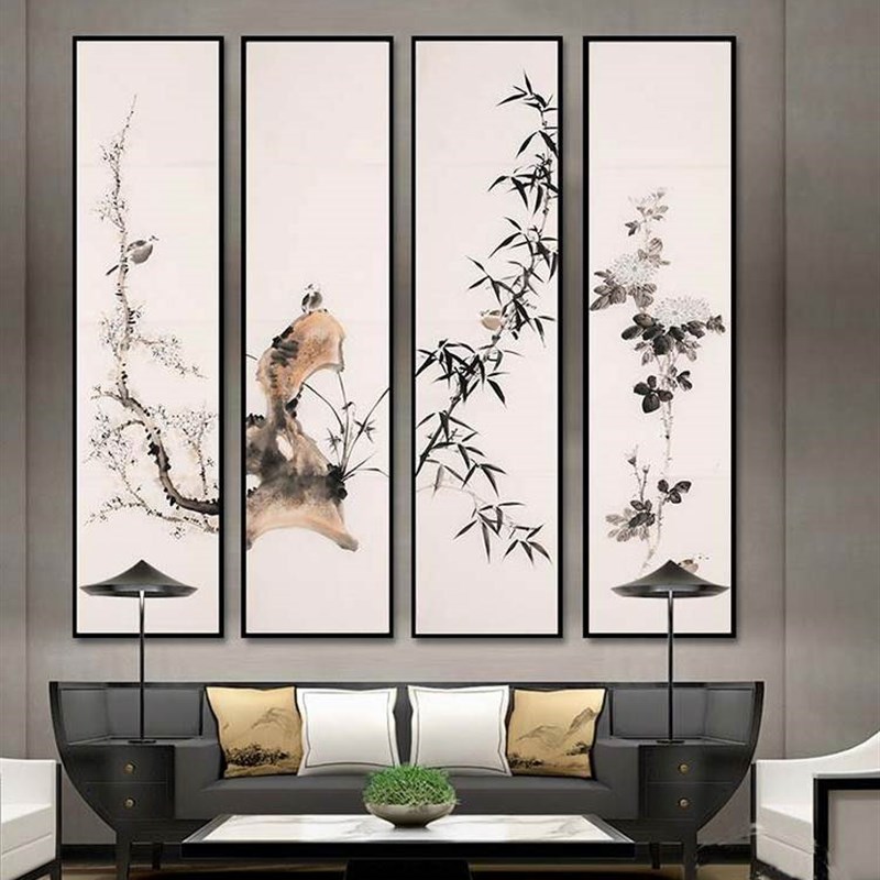 客厅玄关装饰画墨竹四联壁画中式餐厅茶室走道竖办公室.竹子画挂