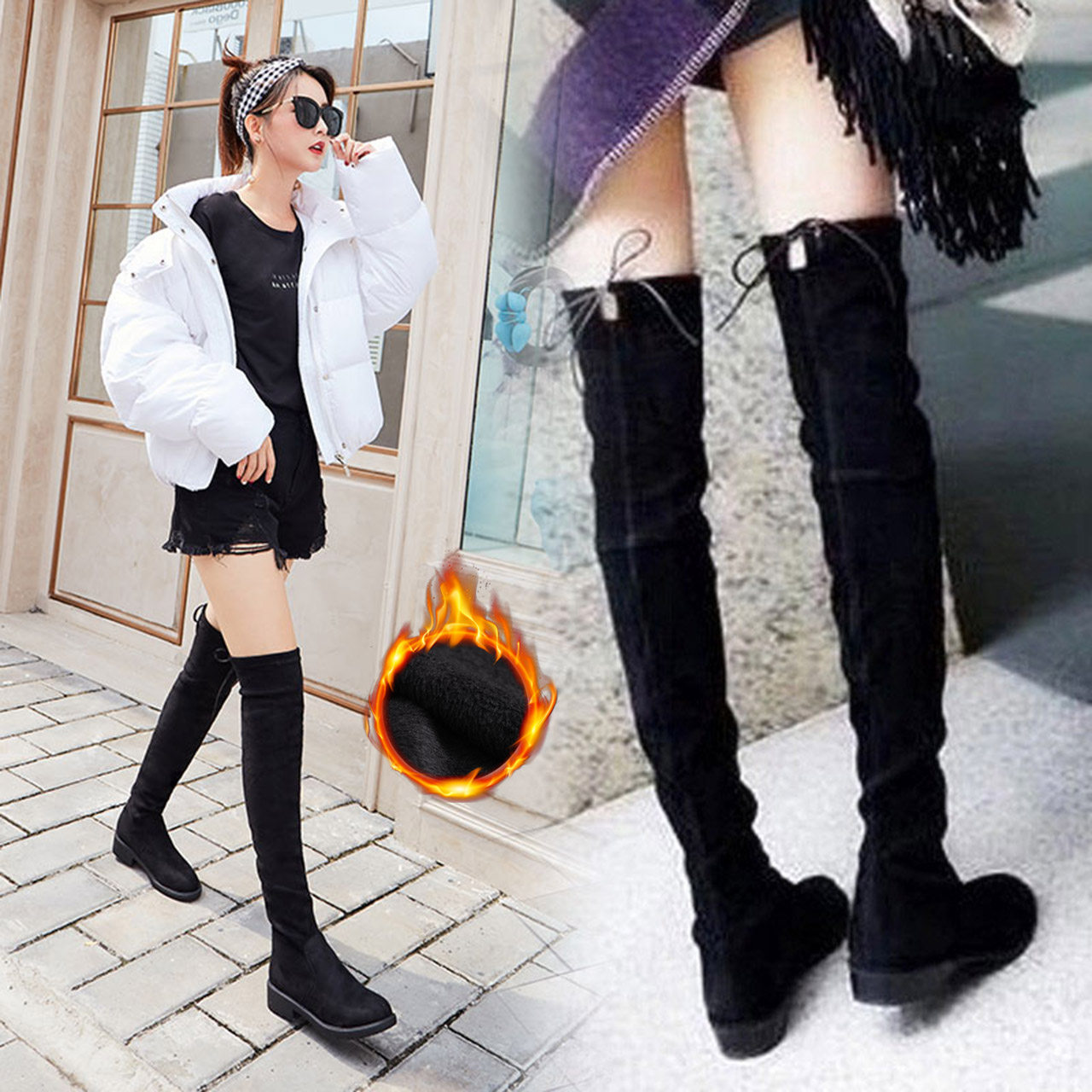 秋冬季欧美显瘦长靴女过膝靴加绒面单靴长筒弹力靴子X粗跟高筒女