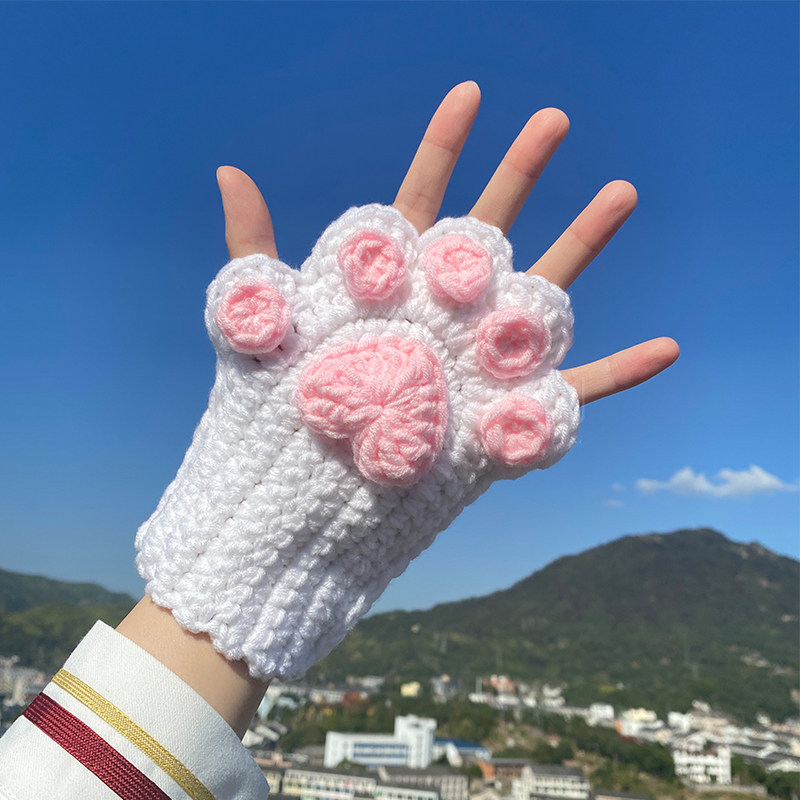 手工编织可爱毛线猫爪手套成品半指秋冬新款保Q暖百搭送女友可定