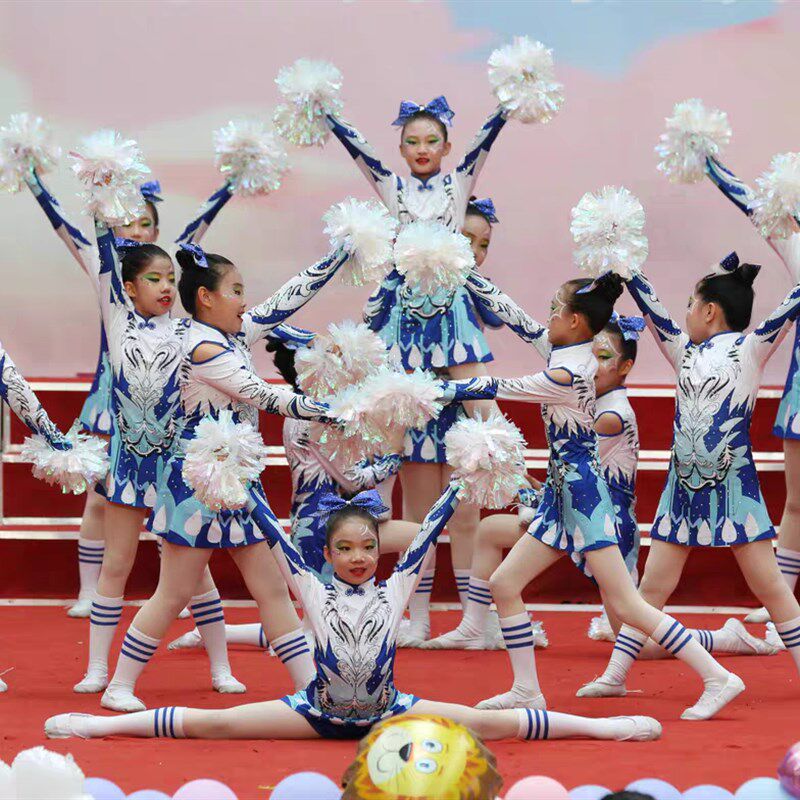 新款蓝色啦啦操j服装男女啦啦队比赛服儿童中小学花球拉拉队服