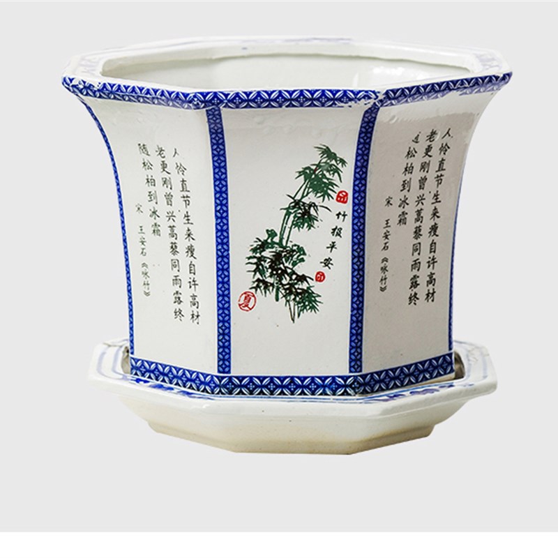景德镇青花瓷花盆高筒落地多肉植物带托盘大口径栽树户外花钵高脚