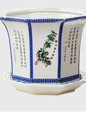 景德镇青花瓷花盆高筒落地多肉植物带托盘大口径栽树户外花钵高脚