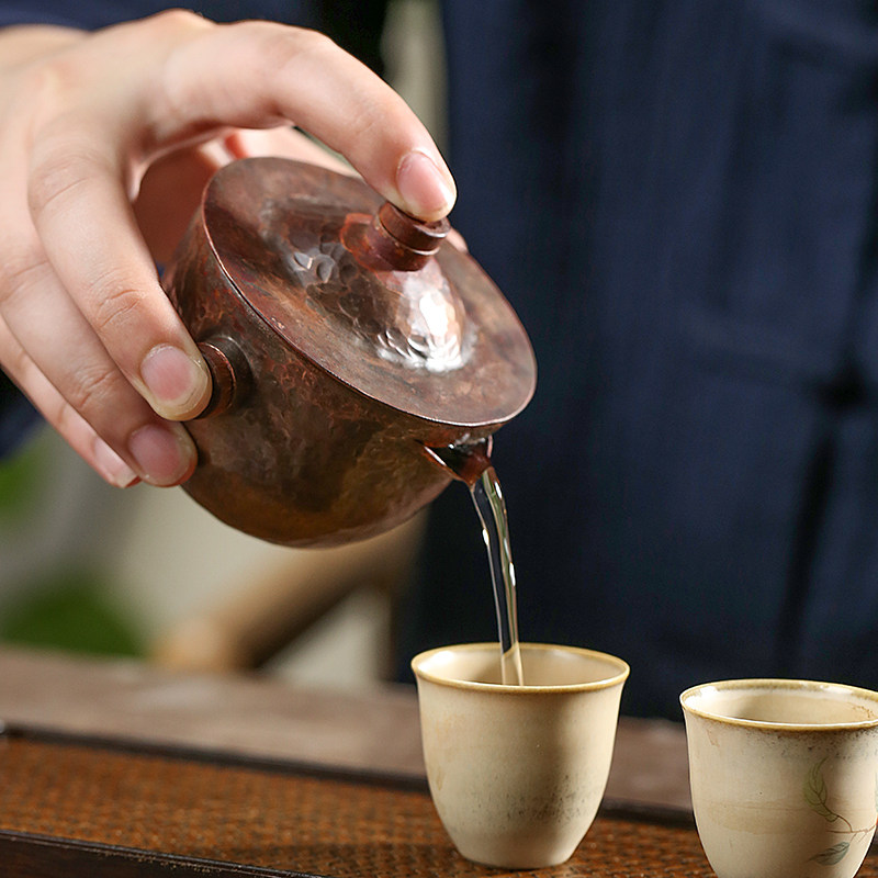 风谷山房纯手工紫铜三才盖碗复古泡茶碗家用小茶壶日式手抓壶茶具