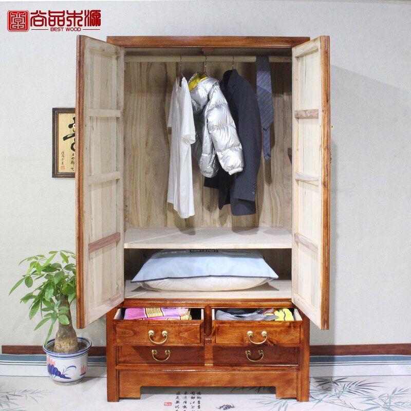 新中式实木衣橱彩绘双门整体收纳柜卧室储物经济型家用香樟木衣柜