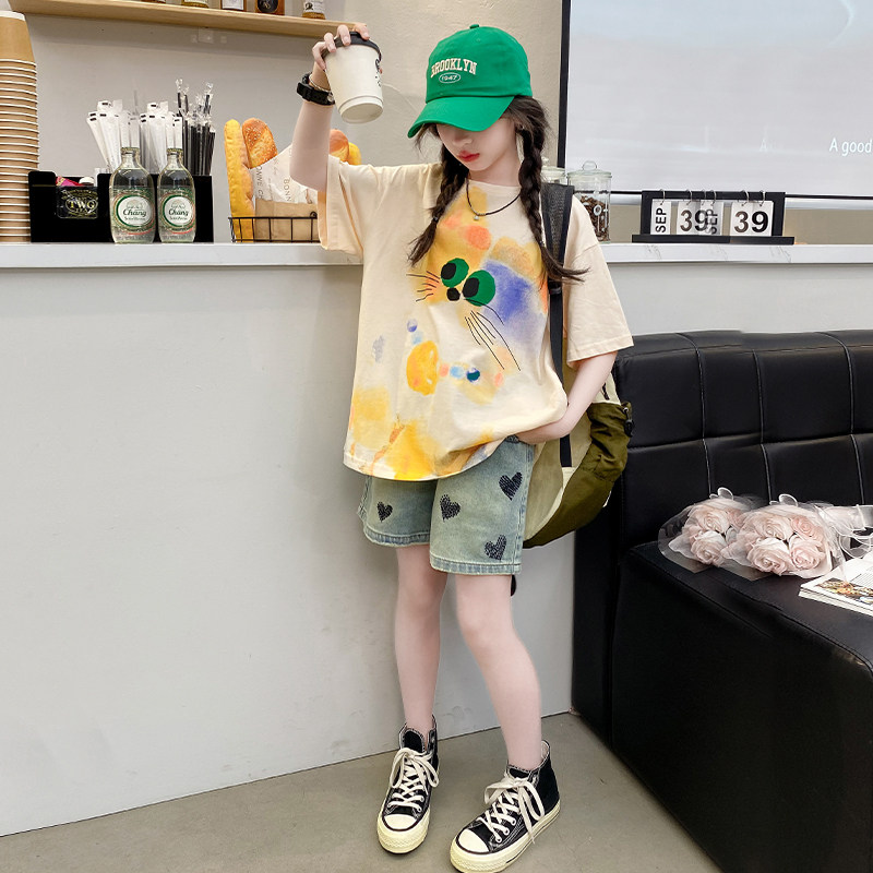 女童夏季纯棉短袖T恤2024新款女大童夏装t牛仔裤儿童夏天两件套装