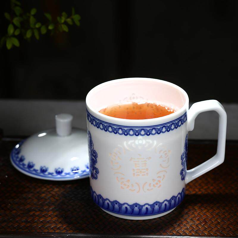 景德镇陶瓷泡茶杯青花玲珑瓷茶杯带盖马克杯子办公会议杯家用水杯