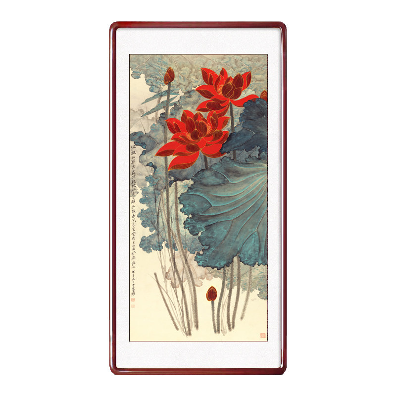 九鱼图新中式玄关装饰画三联画客厅走廊壁画挂画国画荷花装饰画框