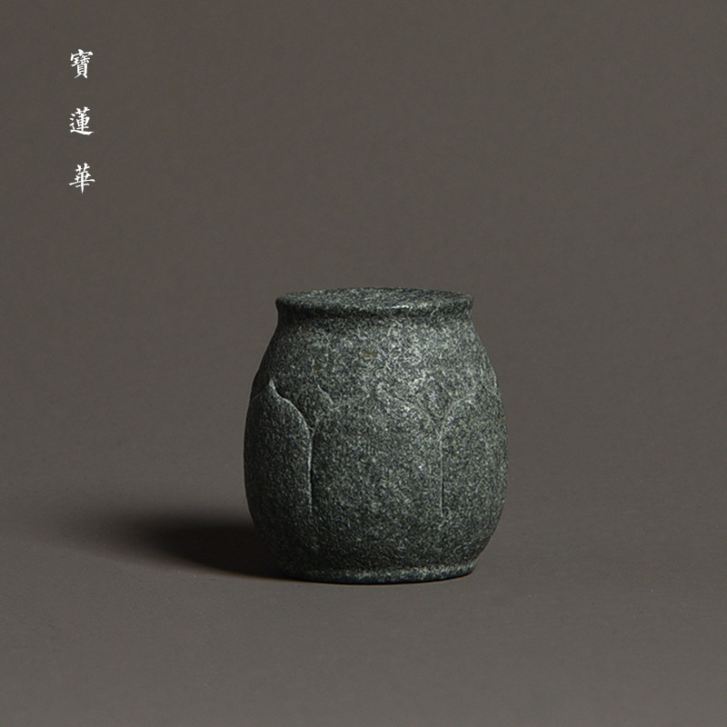 青石手工雕禅韵莲花小石鼓 石盖置壶盖托线香插茶宠镇纸禅意摆件
